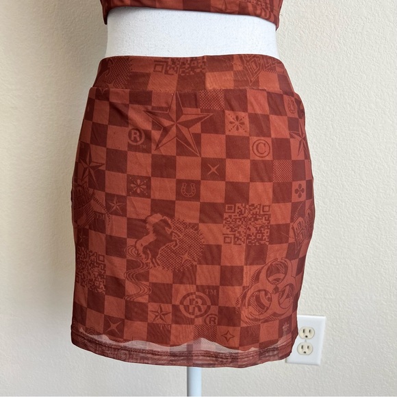 Dolls Kill Luxury Vibes Brown Mesh Checkered Crop Top, Mini Skirt & Mask Set - Picture 5 of 16